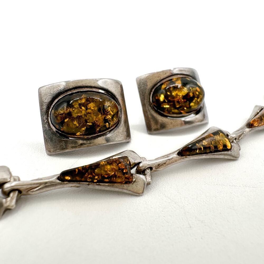 Vintage Baltic Amber Sterling Silver Semi Hoop Post Earrings and Bracelet Set